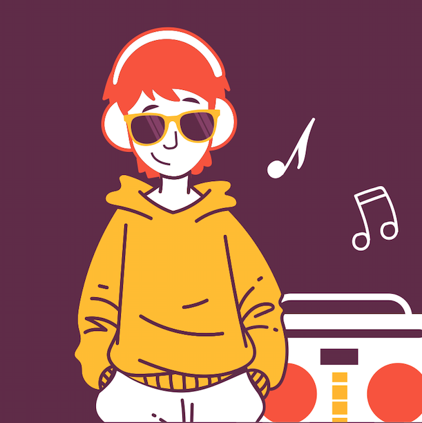 Esto es una imagen. En la imagen se ve a Lucas un joven, escuchando música, con una sudadera amarilla, audífonos y lentes oscuros.