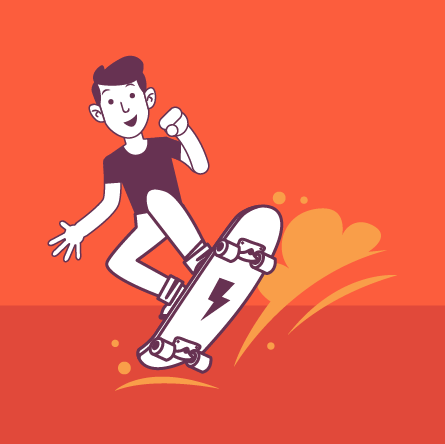 Esta es una imagen. En la imagen se observa un cuadrado naranja, en donde aparece un joven, con una sonrisa, montando una patineta. La patineta tiene el dibujo de un rayo.